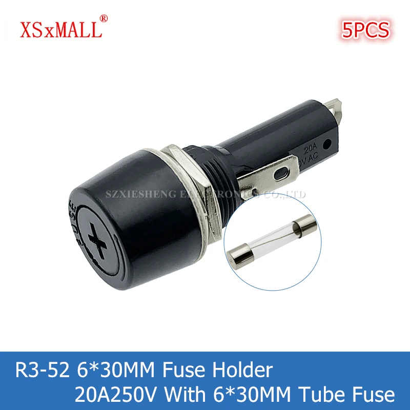 5 peças R3-52 6*30mm suporte de fusível 20a250v montagem em painel base de fusível de baquelite de resistência de alta temperatura com fusível de tubo de 6*30mm