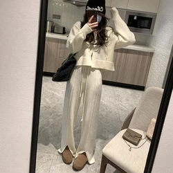 Korean Fashion Solid Long Sleeved Knitted Cardigan 2-piece Sweater Loose Sweater Wide Leg Mopping Pants Knit Two-piece Set