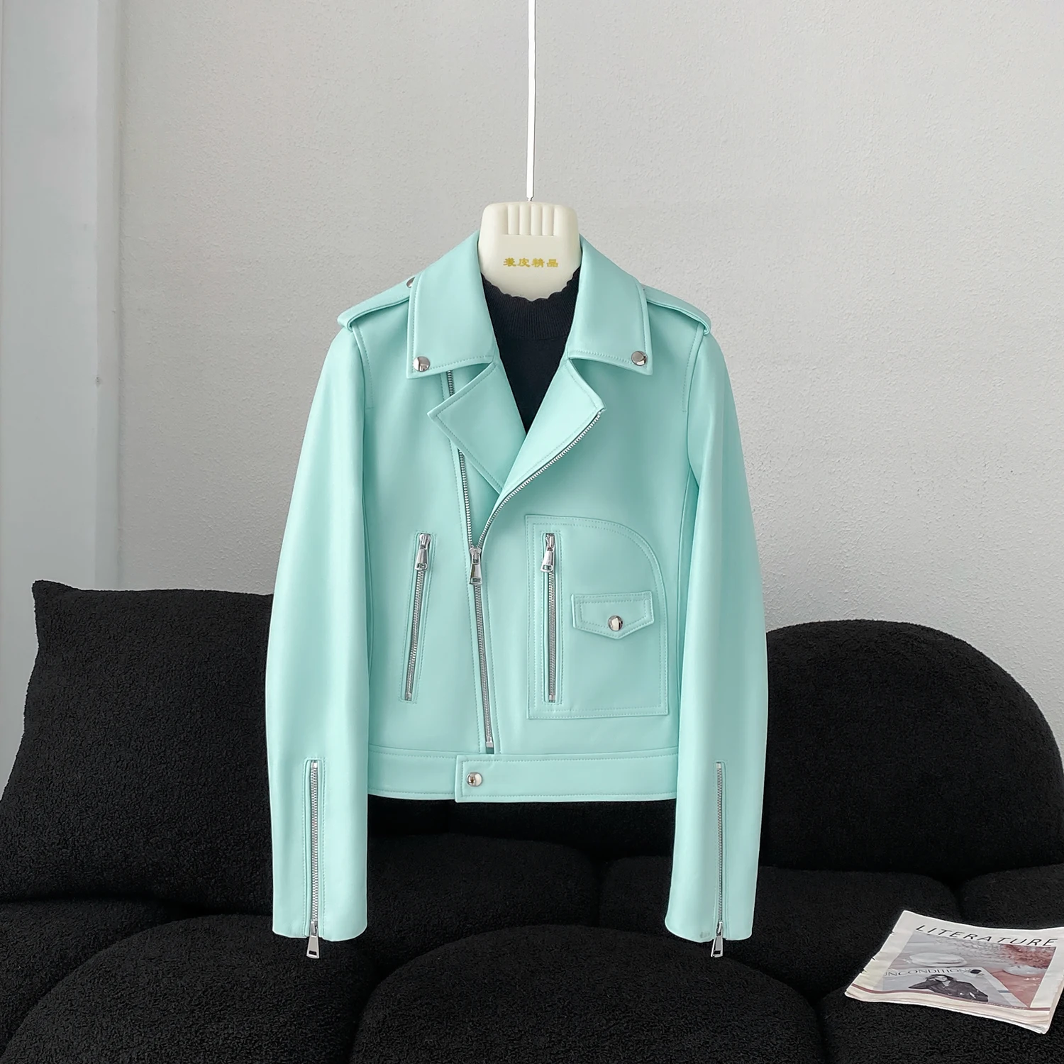 Women Leather Jacket Short Spring Trendy Handsome Motor Biker Genuine Sheepskin Zipper Pockets Coat Plus Size