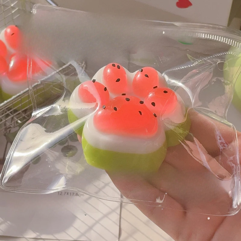 Juguetes para apretar con forma de pata de gato de tres colores, sandía bonita, TPR, juguete de liberación de descompresión de rebote lento