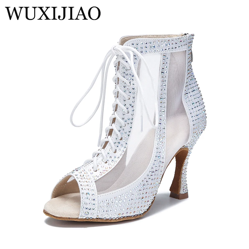 WUXIJIAO Women's High Top Latin Dance Shoes Black Rhinestone Red Soft Sole Ballroom Shoes Salsa Tango Shoes Party Sandals