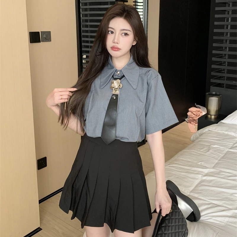 

Summer New Casual Solid Color Turn Down Collar Grey Short Sleeved Office Lady Loose Single Breasted Shirt For Women's Wear