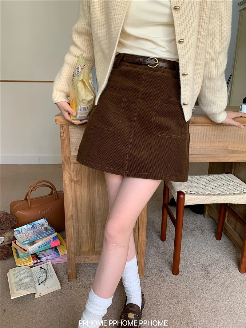 

ZHISILAO New Corduroy A-line Skirt Women Vintage High Waist Mini Skirt Auutmn Winter 2024