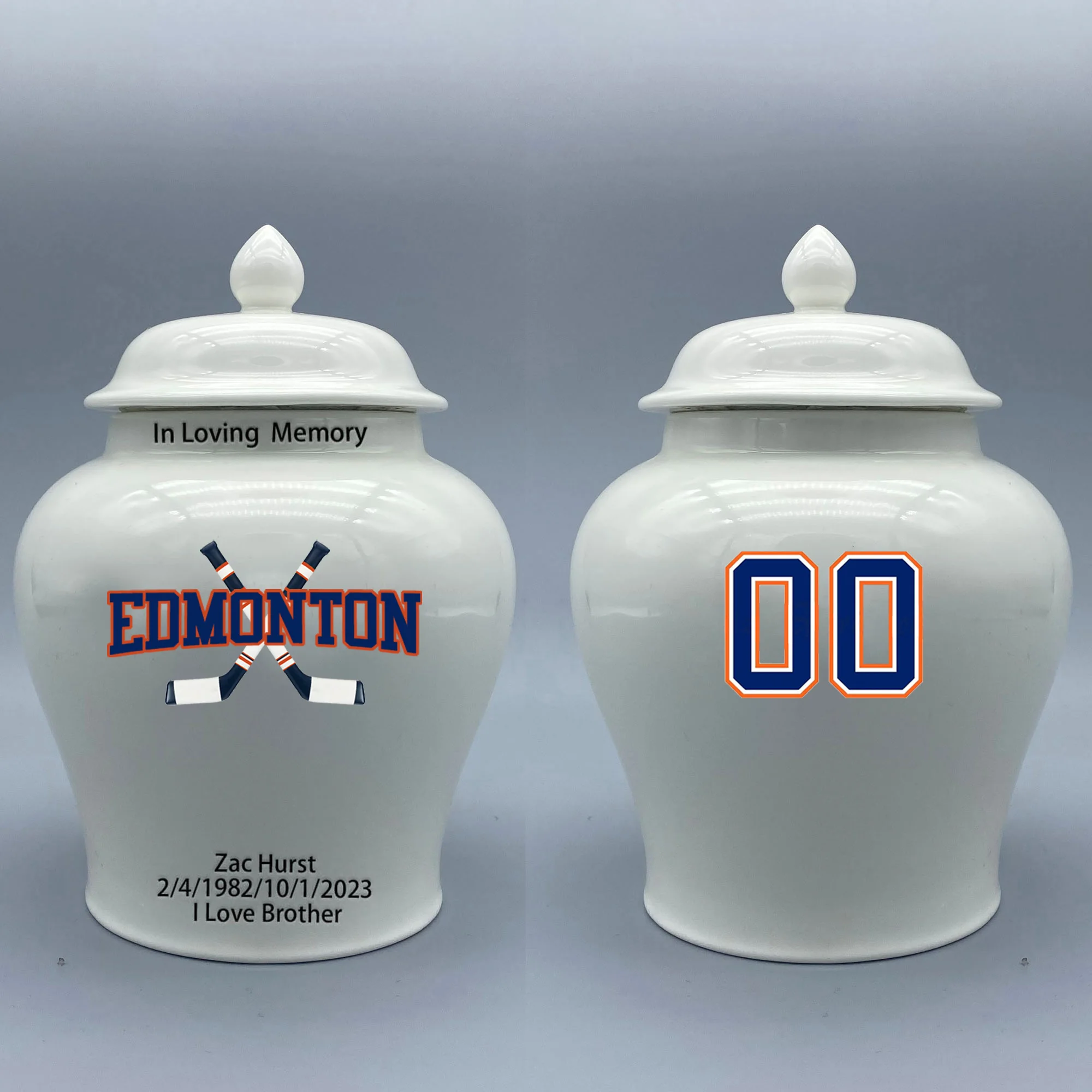 

Medium Urn for Edmonton Oilers-themed Hockey Urn.Please send me the customize information-name/date and number on the urn