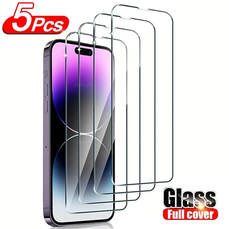 5 قطعة زجاج مقسى شفاف 9H لهاتف آيفون 16 15 14 Plus 13 12 mini 11 Pro X XS Max XR واقي للشاشة مقاوم للانفجار