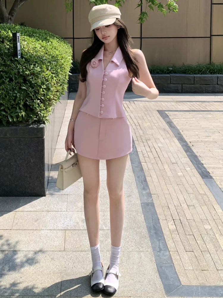 Vrouwen Roze 2-delige set Sexy V-hals Mouwloos Vest + Hoge Taille A-lijn Minirok Mode Y2K Zomerpak Dames Elegant Trendy