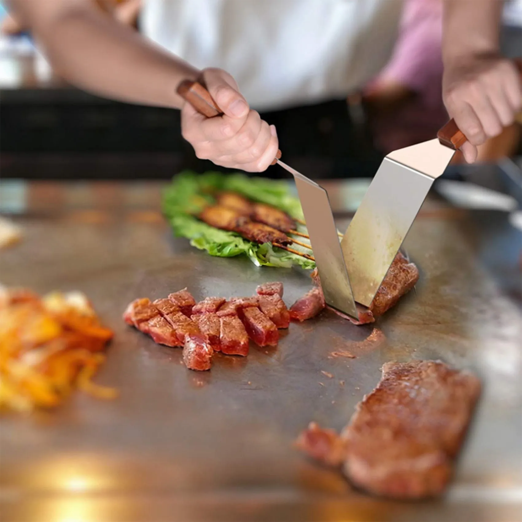 

(Top DHDL)Stainless Steel Burger Spatula,Square Spatula Cooking Scraper Hamburger Turner with Wooden Handle for Barbecue, Steak