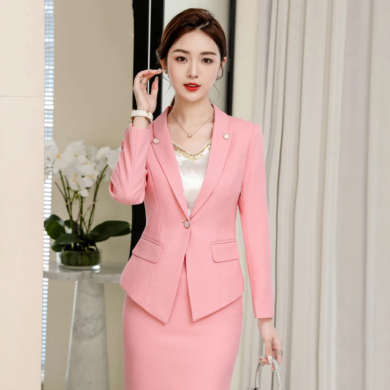 Ensemble 2 pièces pour femme, jupe élégante imbibée rose, jaune, violet, blazer, veste d\'affaires, dame de bureau, printemps, été, 2023