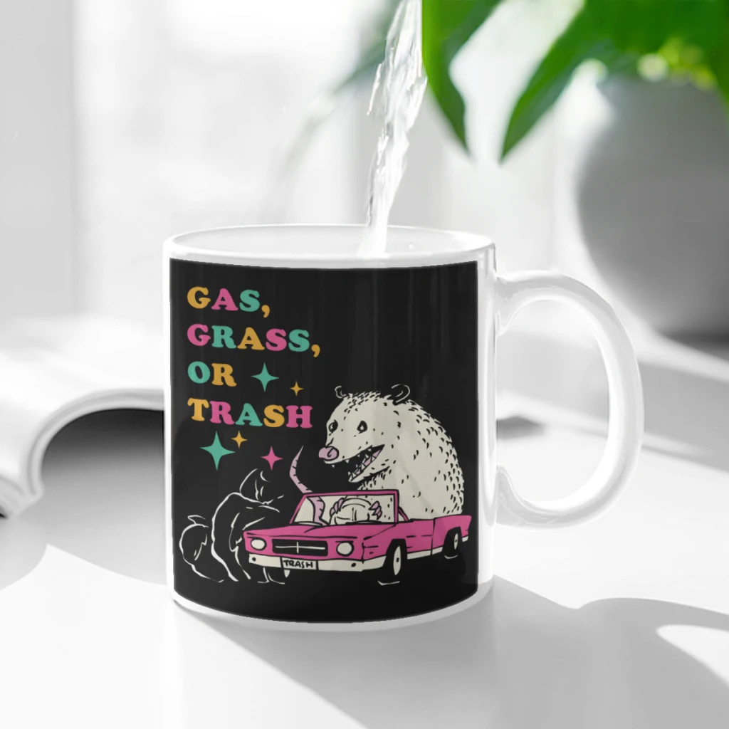 Taza de cerámica de gas, hierba o basura, gambá, café, avena, desayuno, taza con personalidad creativa