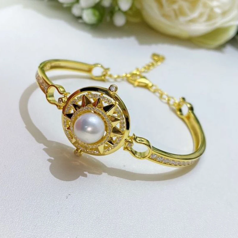 MeiBaPJ DIY Real 925 Silver 8mm Natural Round Pearl Fashion Bracelet for Women Charm Fine Wedding Jewelry Empty Tray