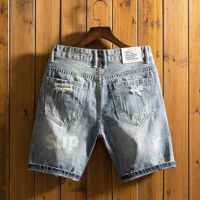 Trendy Brand Beggar Denim Boys Summer Thin Ripped Patch Printed Medium Pants Korean Outerwear Cowboy Shorts Man Short Half Pants