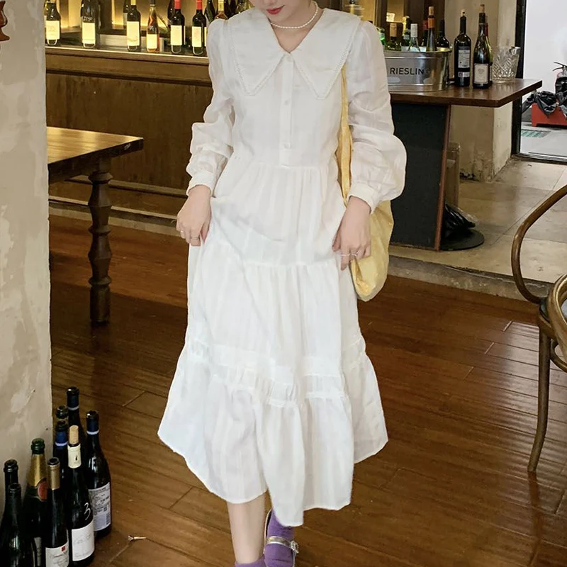 New Women Vintage Lace Patchwork White Sweet Chic Preppy Style Midi Dress Trendy Long Sleeve Loose Streetwear Y2K Casual Dresses