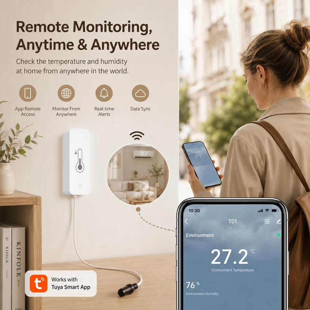 Tuya WiFi/Zigbee Temp Humidity Sensor with External Probe, Indoor Thermometer for Freezer Aquarium, App Alerts & Weather Display