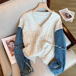 2022 Autumn Winter New Design Women Sweaters Long Sleeve Denim Stitching Knit Pullover Japanese Sweet Jumpers