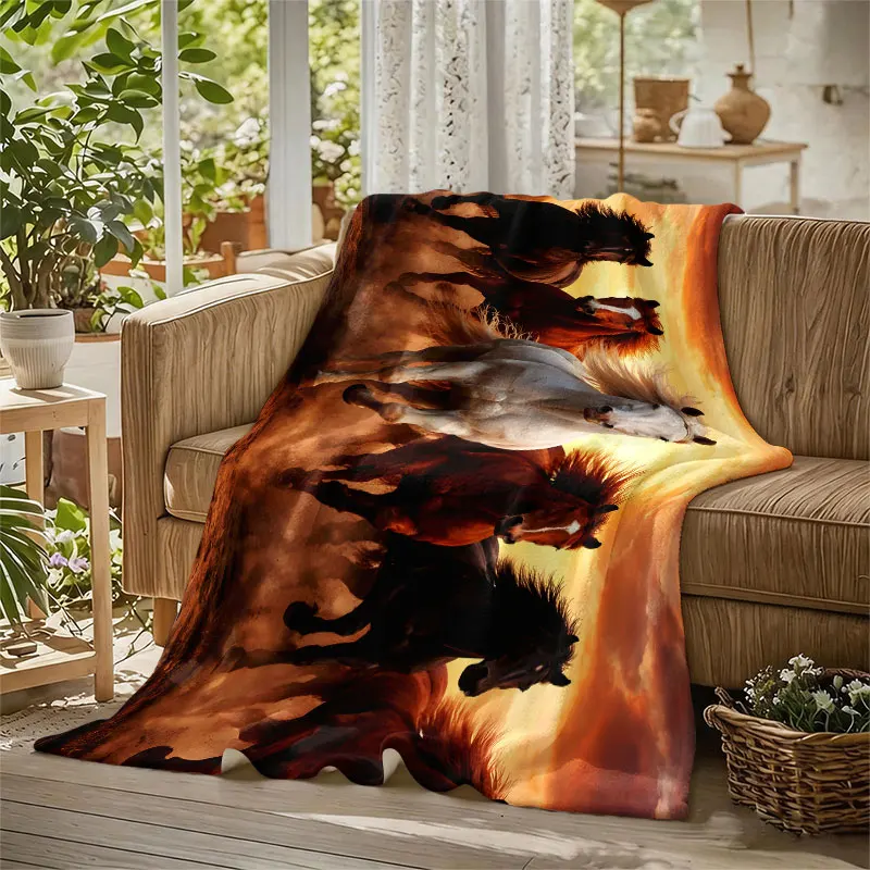 Horses Sunset Dust Eight Flannel Blanket Perfect for Sofa Office Bed Travel Sleep Read Relax Camping Four Season Use