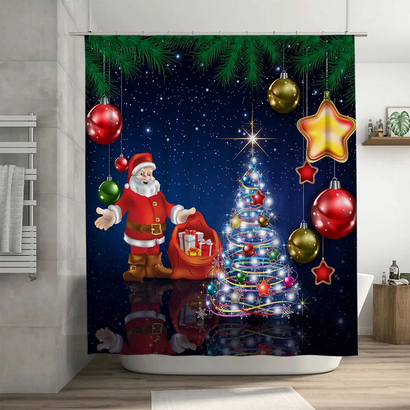 

TU Рождественская занавеска для душа Санта-Клаус Праздничный праздник Декор для ванной комнаты Водонепроницаемый рождественский узор Домашний декор Идея подарка Праздничные моры