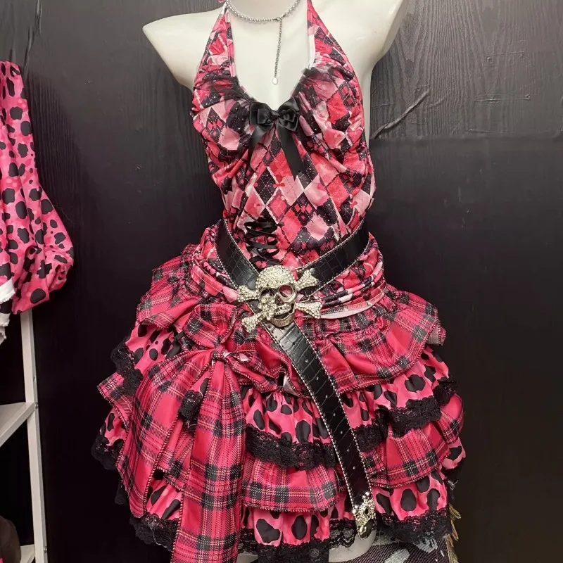 

Women Subculture Lolita Suit Halter Neck Sling Top Lace Edge Cake Skirt Set Female Summer Sexy Street Wear Skirt Outfits