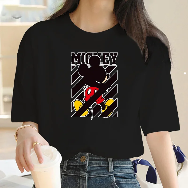 

Mickey Print Women's Cotton T-shirt Women Casual Basic O Collar White Shirt Short Sleeve Women's T-shirt Cartoon Graphic Print