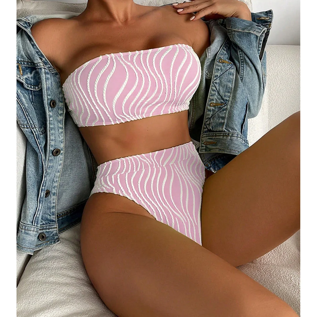 Sexy Bikini mit Wellenmuster, Bandeau-Oberteil und hoher Taille, Damen-Badeanzug, zweiteiliges Bikini-Set, Badebekleidung, Badeanzug, Modell V5445. – Detail 30