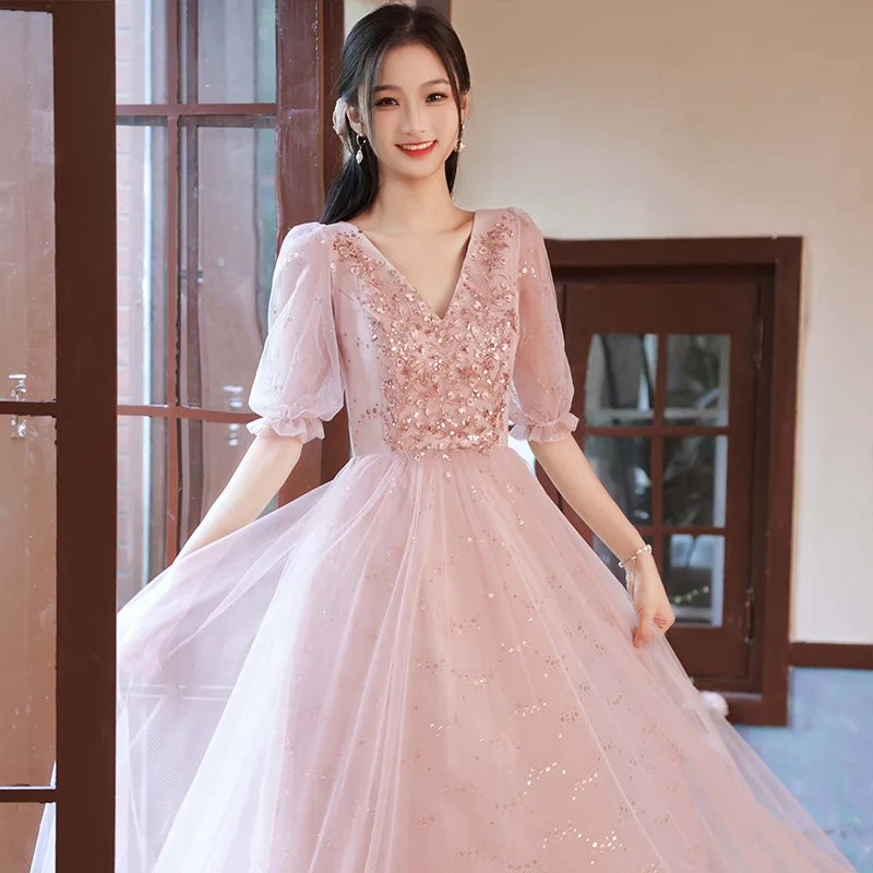 Pink Sequins Bridesmaid Dress Elegant Women Slim Lace-Up Long Wedding Party Dress Sister Group Organza Bnaquet Vestidos