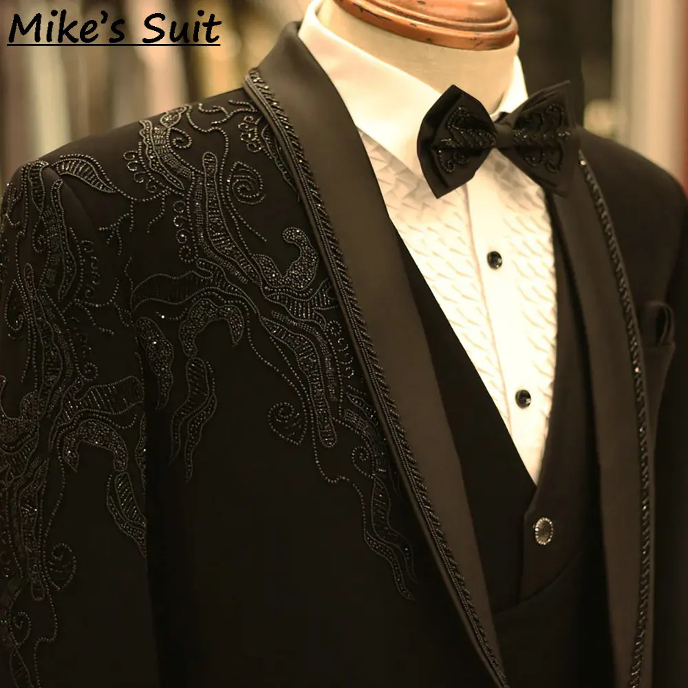 Black Appliques Beading Men's Suit 2 Pieces Set Wedding Groom Man Suits Slim Fit Tuxedo Business Party Outfit