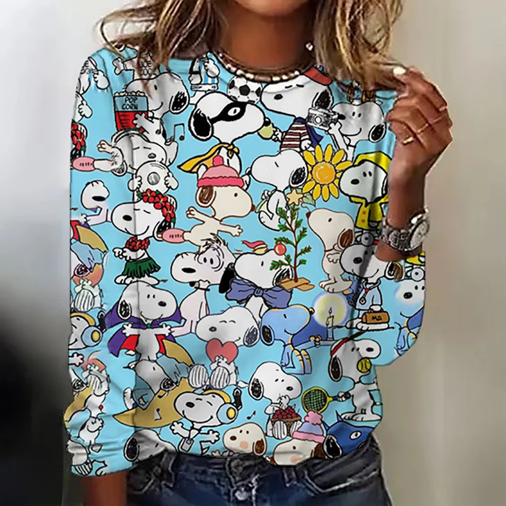 Kawaii Cartoon Women\'s T-shirt Cute Snoopy Round Neck Long Sleeve T-shirt Fashion Printed Large Casual T-shirt Autumn