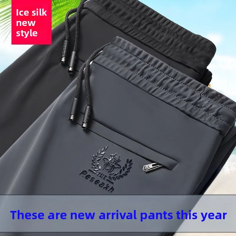 Pantaloni sportivi a gamba dritta in vita elastica in seta di ghiaccio Pantaloni casual leggeri Qui Dry di grandi dimensioni da uomo per uomini più giovani