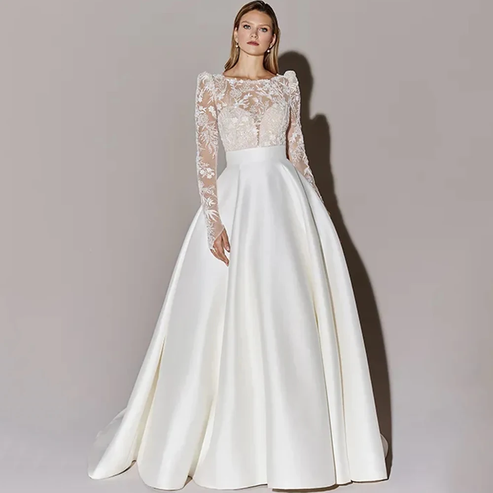 Exquisito vestido de novia de manga larga con cuello redondo, apliques de tul de ilusión, espalda abierta Sexy con lazo y botones, vestidos de tren de barrido