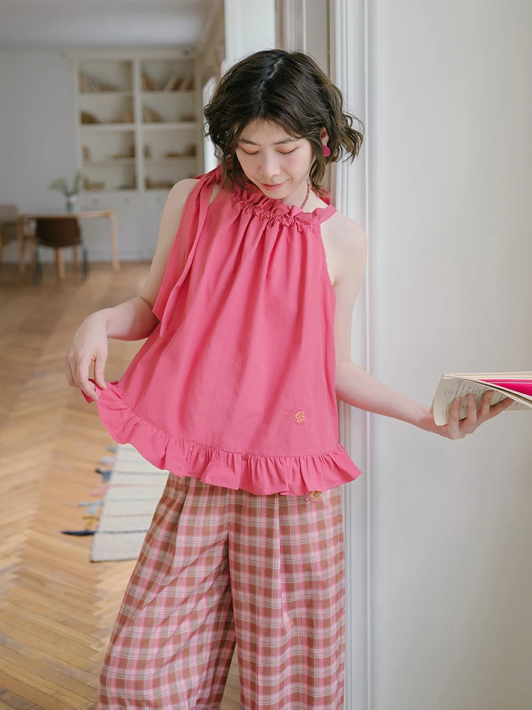 

Bluwhite Dancy Collaborative Edition Blouse with Lace Trim Belted Cheered Pattern Plum Color Loose Fit Mid-Length Vest