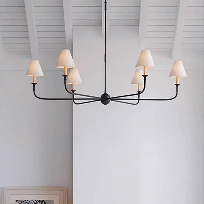 

American simple chandelier double-headed long pole home dining room long table full copper cloth cover chandelier