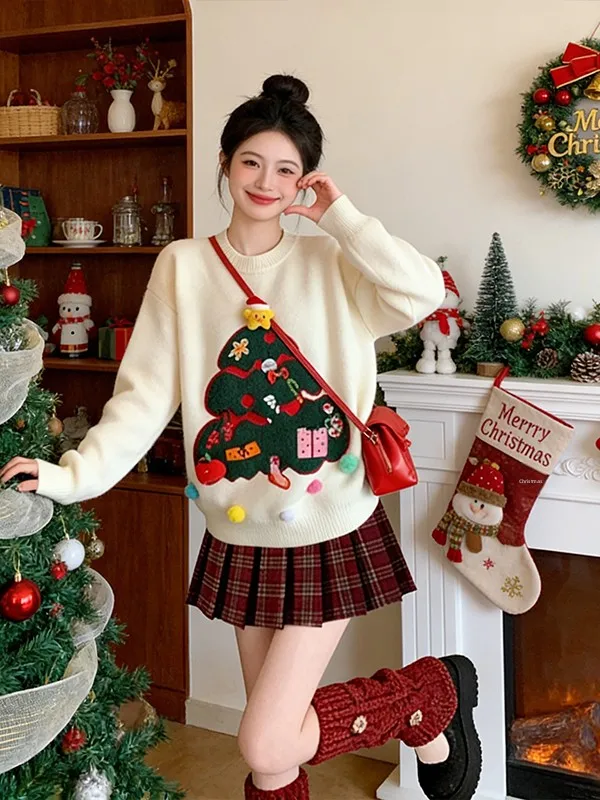 

Cisas Theme Knitted Sweater And ort Skirt Set for Women Red Pleated Skirt with 3D Decoration Sweet And Youthful