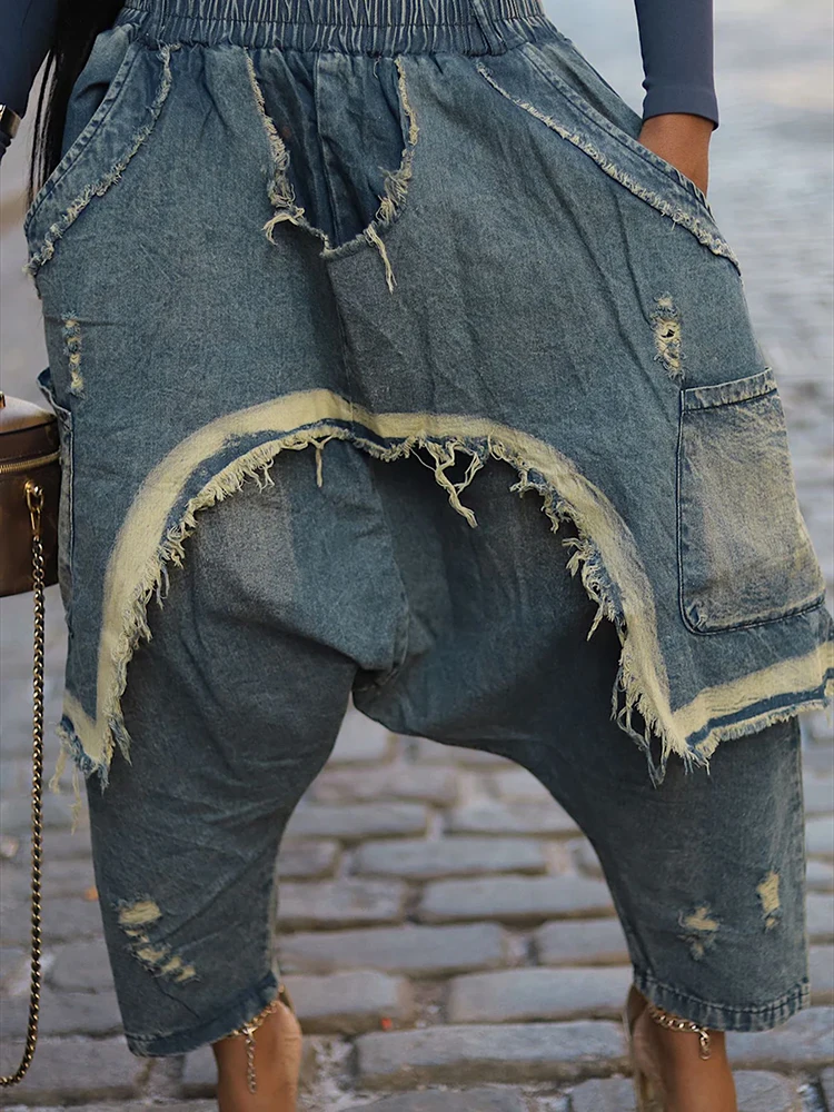 

Women Jeans 2025 Spring Autumn Elastic Waisted Loose Pocket Denim Harem Pants Fashion Loose Casual Long Denim Trousers