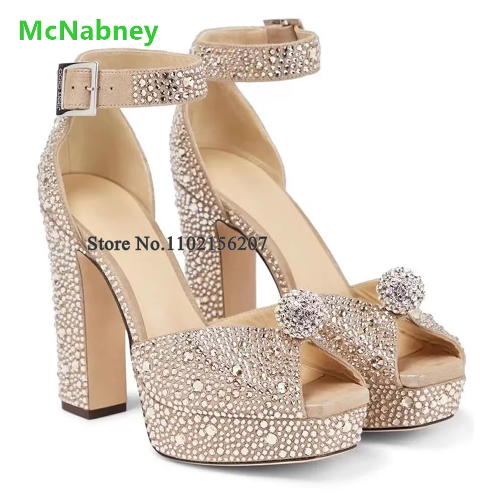 Square Heel Crystal Peep Toe Luxury Sandals For Female Women Ankle Buckle Strap Platform Sexy Solid Fashion Party Summer Shoes