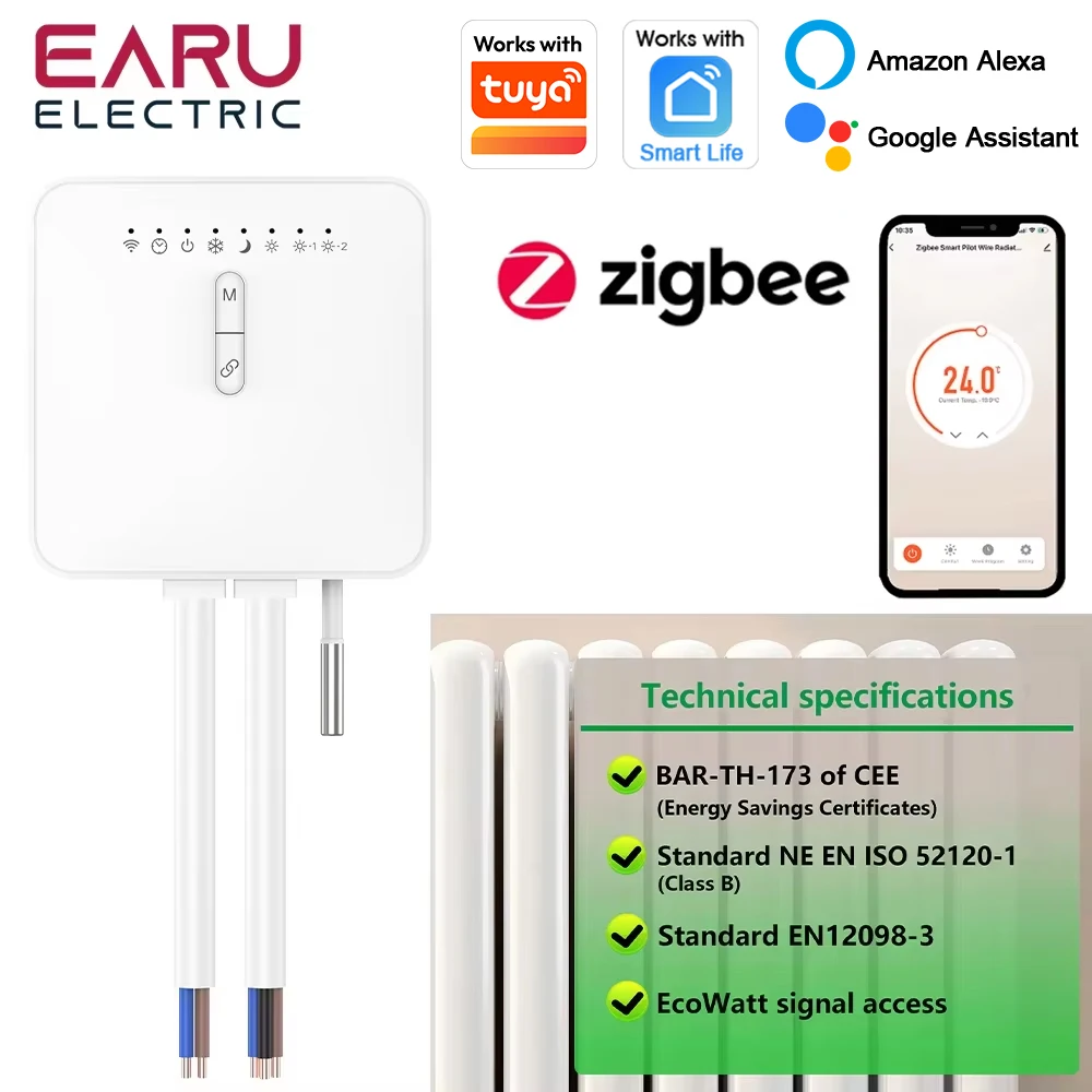 

Умный термостат Tuya ZigBee для радиаторов с пилотным проводом, поддержка мониторинга энергопотребления Ecowatt, дистанционное управление, совместимость с Alexa и Google
