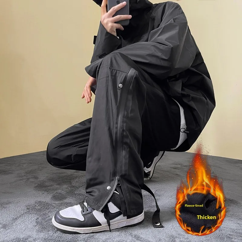 

Thiened Fce зимние рабочие брюки мужские повседневные брюки на молнии молодежные активные брюки со средней талией свободные длинные брюки