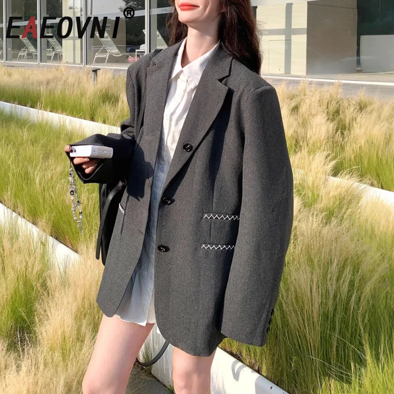 

EAEOVNI, новый осенний серый пиджак, пальто для женщин, свободная куртка с длинными рукавами и вышивкой, офисная женская верхняя одежда, одежда