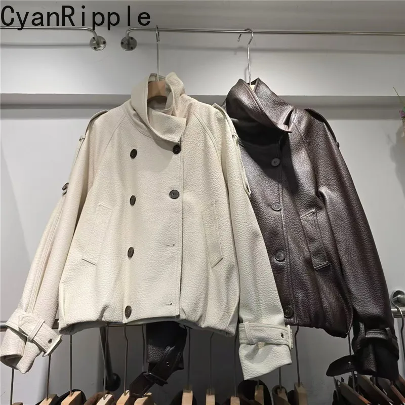 2026 New Autumn Oblique Stand Collar Double-breasted PU Leather Jacket Streetwear Long Sleeve Loose Women's Faux Leather Coats