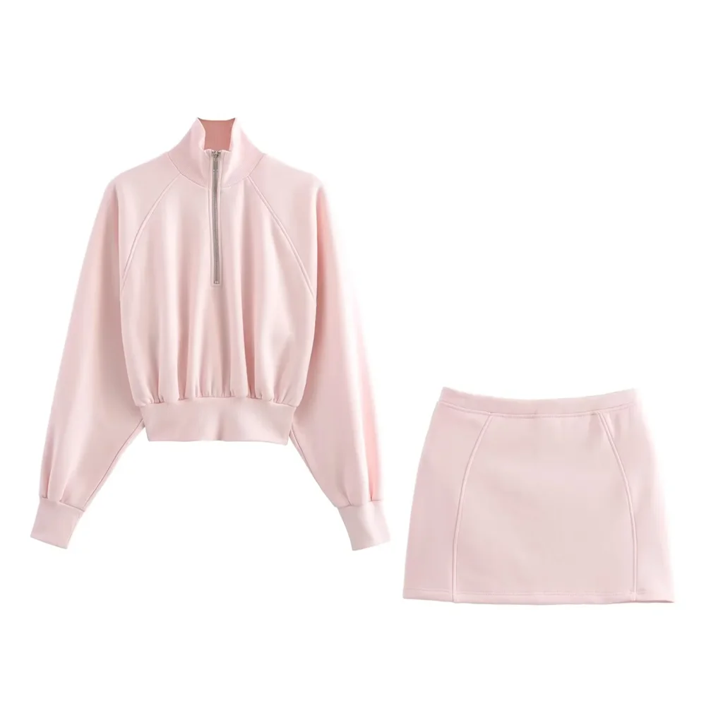 TRAF2024 Autumn New Women\'s Fashion Versatile Stand Collar Long Sleeve Hoodie Mid Waist A-line Short Skirt Two Piece Set