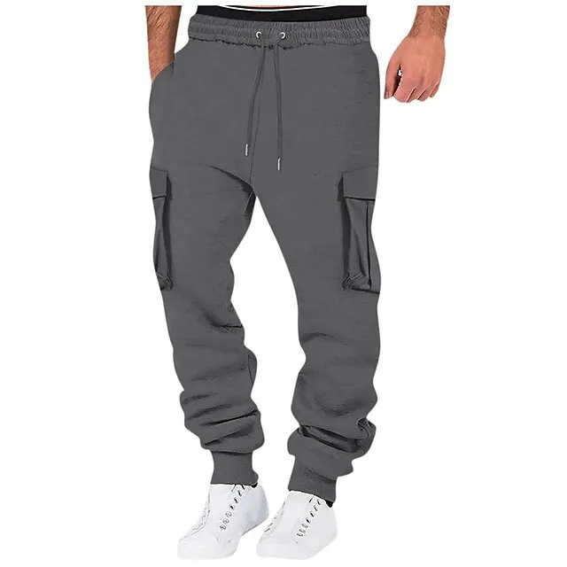 بنطلون رجالي كاجوال للعمل متعدد الجيوب برباط خصر رياضي طويل متعدد الاستخدامات بخصر مرتفع وساق مستقيمة من البوليستر