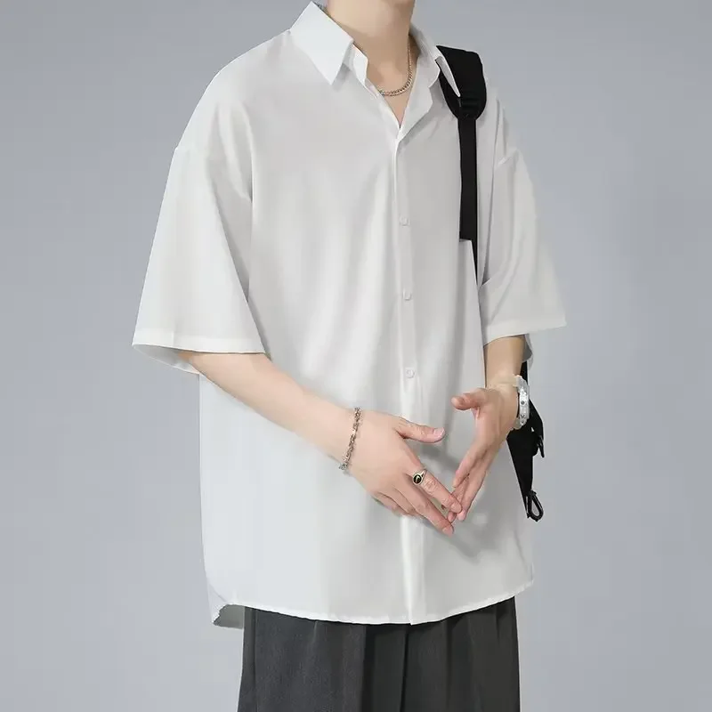 Men's Ice Silk Short Sleeve Shirt Casual Loose Fit Korean Style Trendy Black Shirt For Summer Thin Sleeve Casual