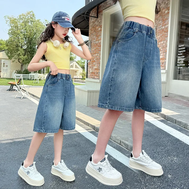 

Джинсы Tween Брюки Детские короткие штаны Повседневные мягкие джинсы до колена для малышей Капри Летние джинсовые шорты для девочек Детские синие шорты