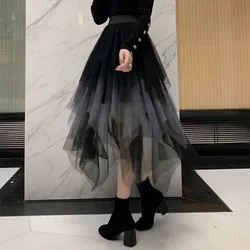 Women Tulle Skirt Irregular Mesh Gauze Petticoat Female Patchwork Sweet Girl A-line Long Skirt Multicolor Cute Voile Dance Dress