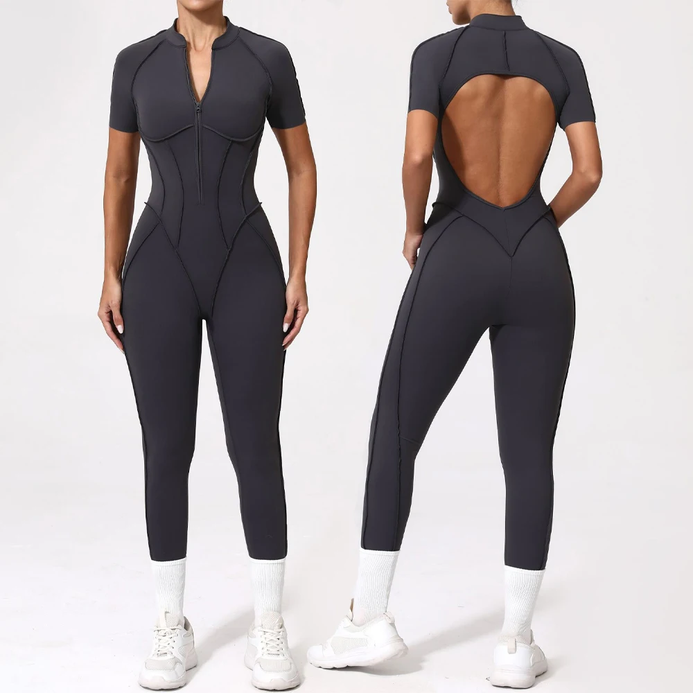 

QYJNG Hollow Backless Sports Bodycon Jumpsuits Women Sportswear Short Sleeve Zipper Gym Fitness Overalls One Piece Yoga Clothes