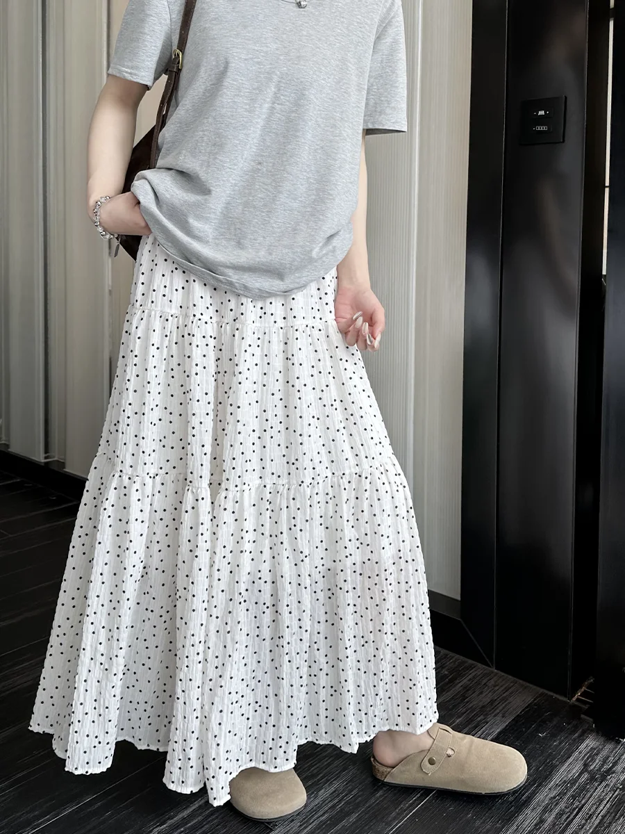 

Белая юбка миди в горошек с высокой талией, женская летняя корейская юбка-кейк, универсальная юбка средней длины