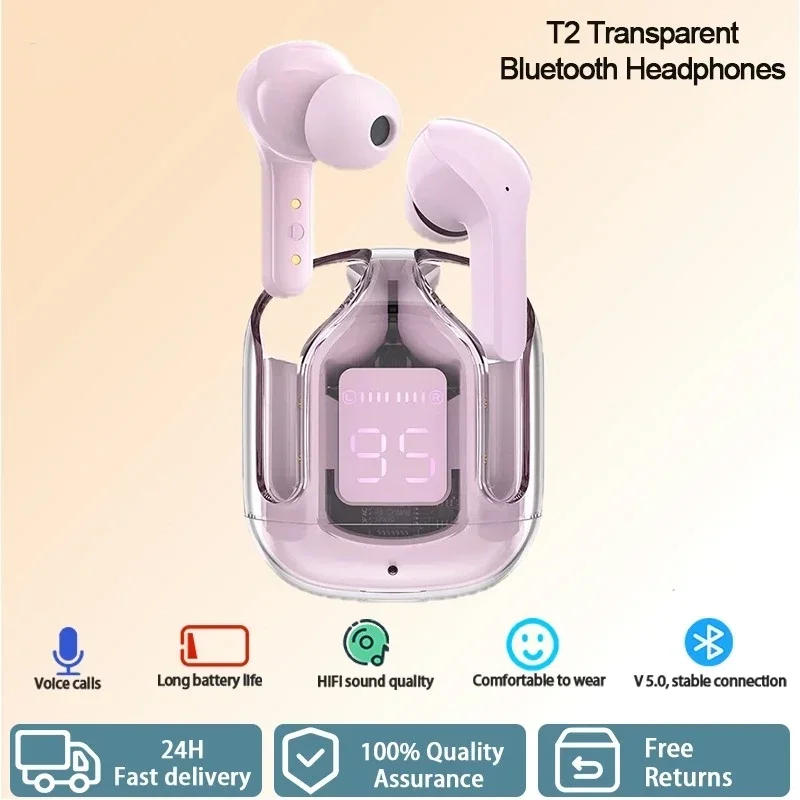 T2 Transparent Wireless Bluetooth Earphone Gaming Noise Cancelling TWS  Earphon Stereo Earbuds Headset