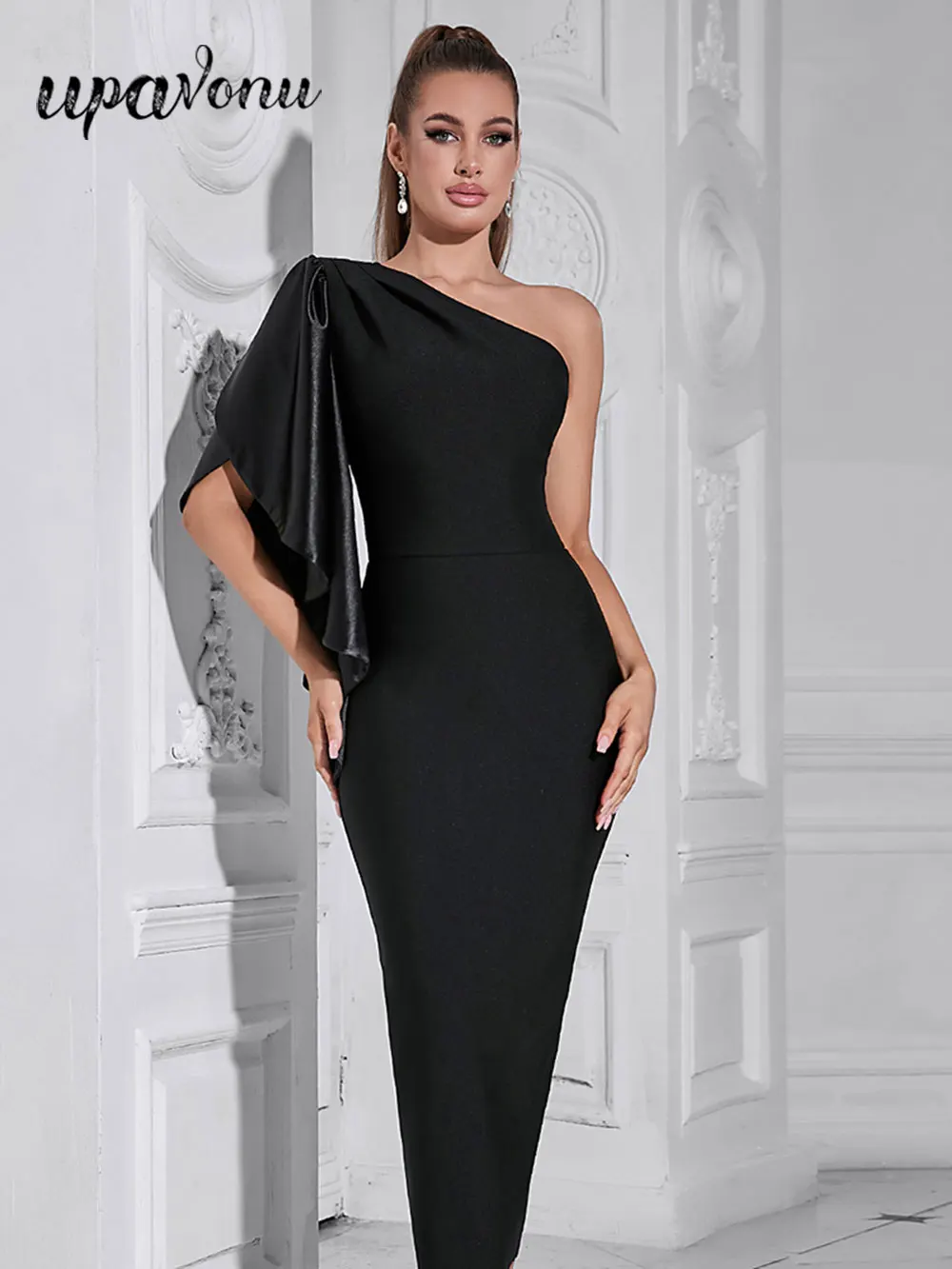 2024 New Women's Sexy Dress with Slant Neck, One Shoulder, Lotus Leaf Design Bodycon Black Midi Dress Evening Club Party Vestido