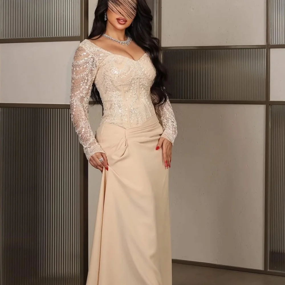 

Dubai Women's Evening Ball Gowns Jersey Sheath/Column Celebrity Dress Champagne V-neck Lace Pleat Sequined Prom Dresses for Long