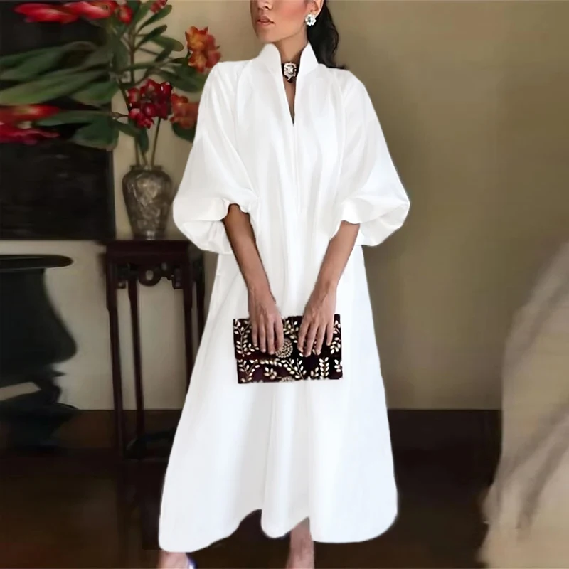 White Party Dress Women Casual Half Sleeve Loose Long Dress Fashion Maxi Dresses For Women Casual V Neck Long Sleeve