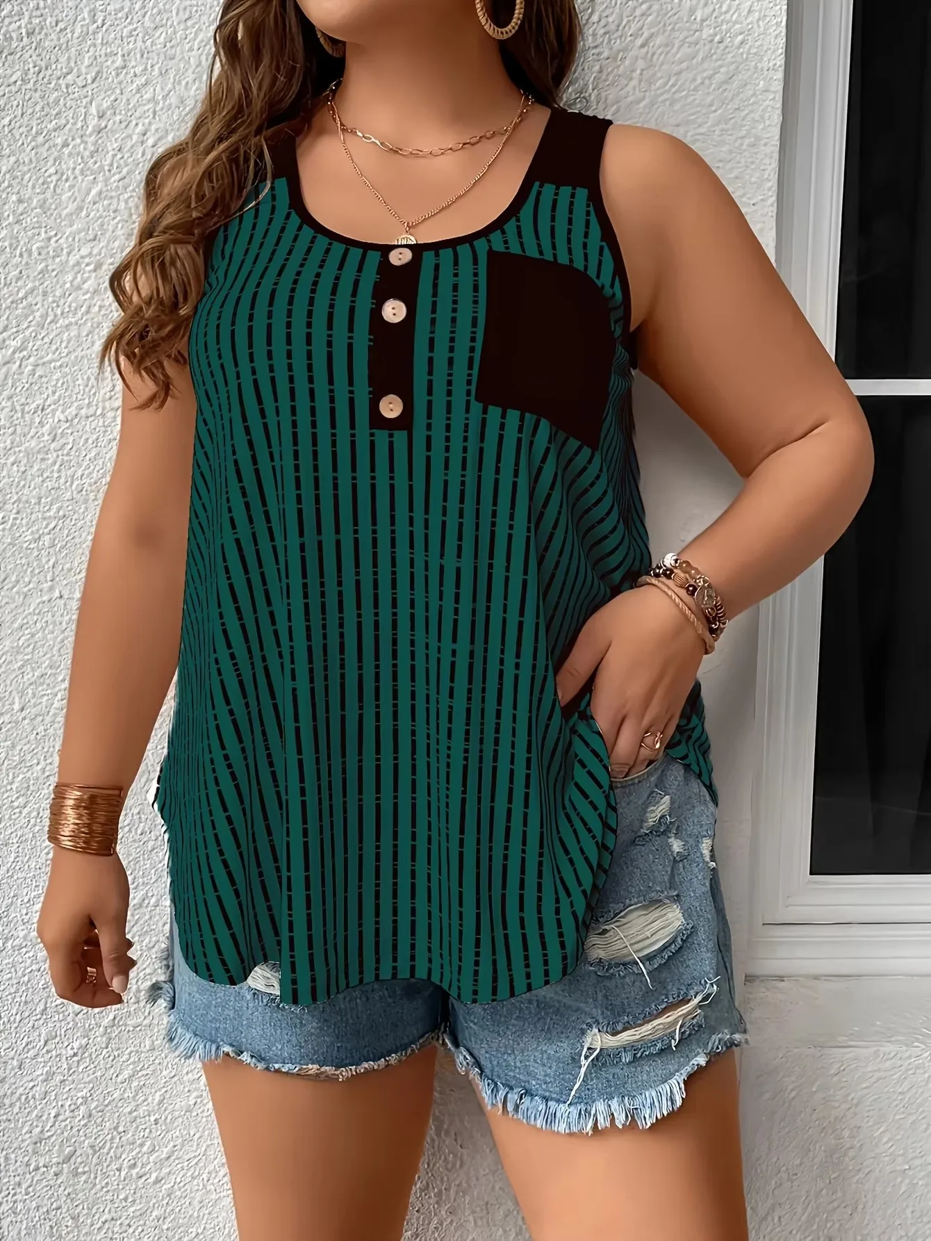 

2025 новые модные брюки с карманами и клапаном, топ, трансграничный новый продукт, большие размеры, женские повседневные трикотажные брюки без рукавов с U-образным вырезом в полоску Sli