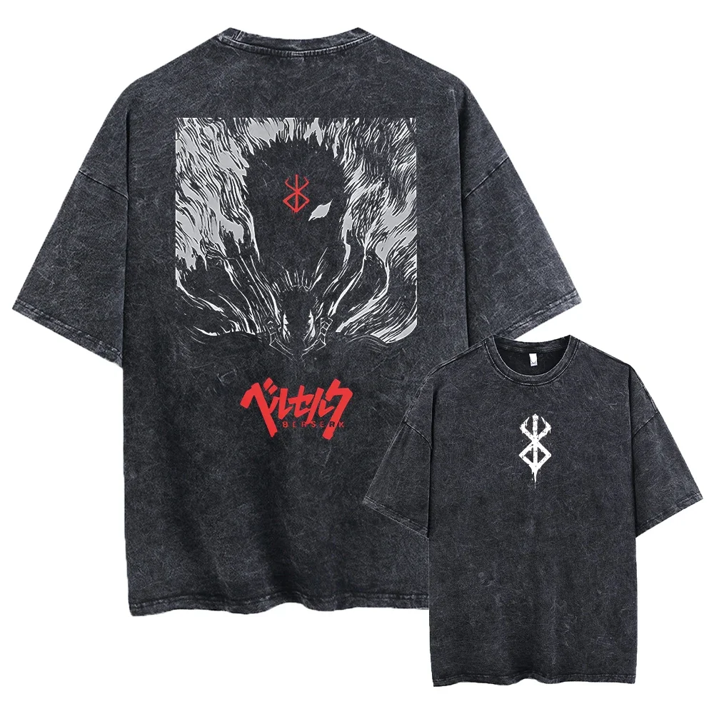 Anime Berserk Guts Acid Tshirt Retro Vintage Washed Graphic Tees Men Harajuku Cotton Casual Short Sleeve Tshirt Tops Unisex image 2